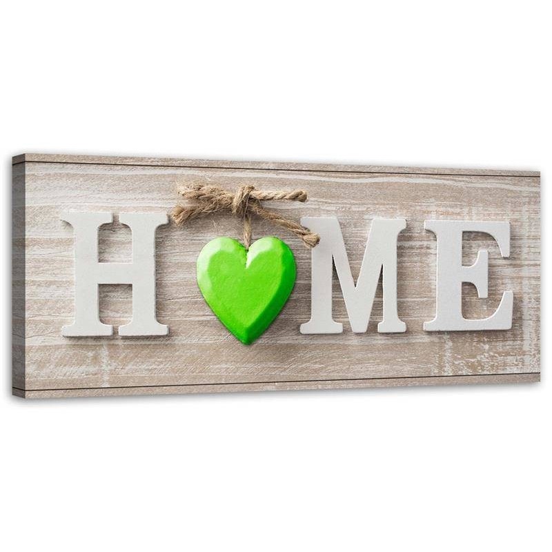 Home inscription with a green heart - Pictures on Canvas  for the living room | FEEBY