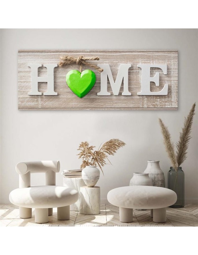 Home inscription with a green heart - Pictures on Canvas  for the living room | FEEBY