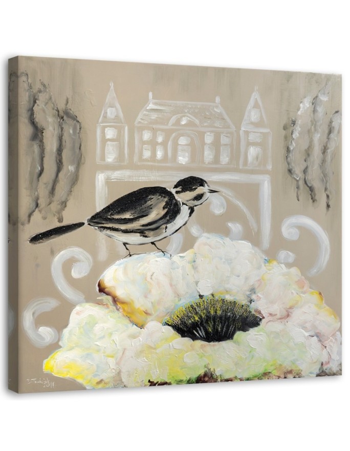 White flower and black bird - Canvas print for living room | FEEBY
