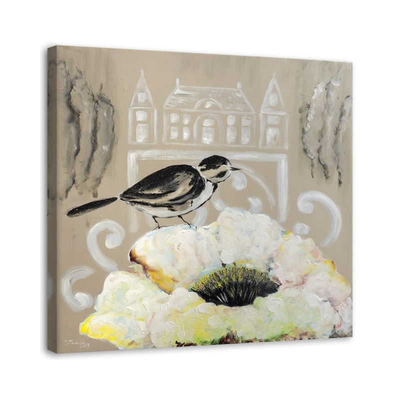 White flower and black bird - Canvas print for living room | FEEBY