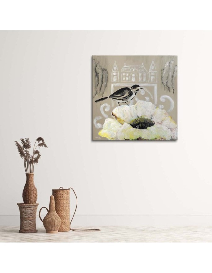 White flower and black bird - Canvas print for living room | FEEBY
