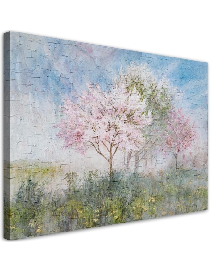 Blossoming tree in a meadow landscape Canvas print for living room | FEEBY