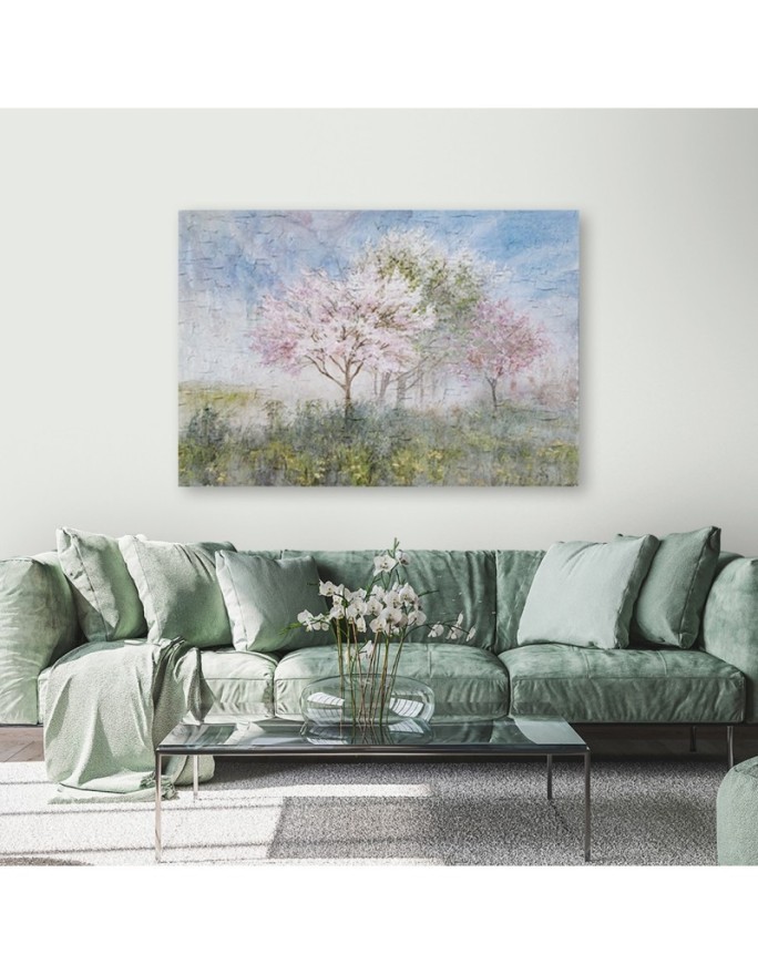 Blossoming tree in a meadow landscape Canvas print for living room | FEEBY