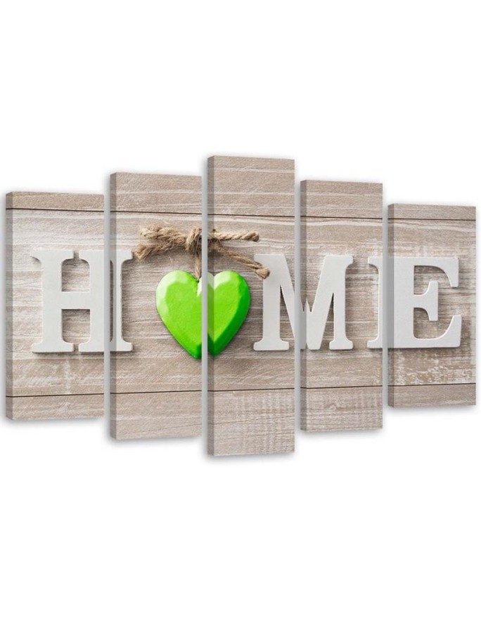 Decorative Canvas print 5 Piece - Home inscription with green heart on light boards | FEEBY
