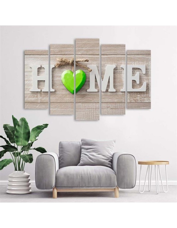 Decorative Canvas print 5 Piece - Home inscription with green heart on light boards | FEEBY