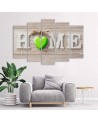 Decorative Canvas print 5 Piece - Home inscription with green heart on light boards | FEEBY