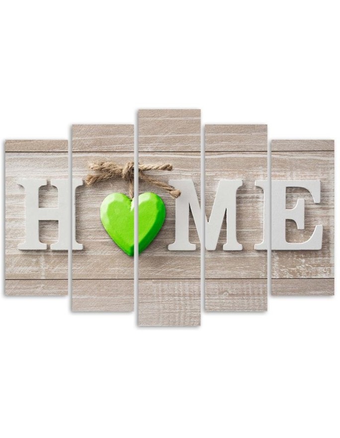 Decorative Canvas print 5 Piece - Home inscription with green heart on light boards | FEEBY