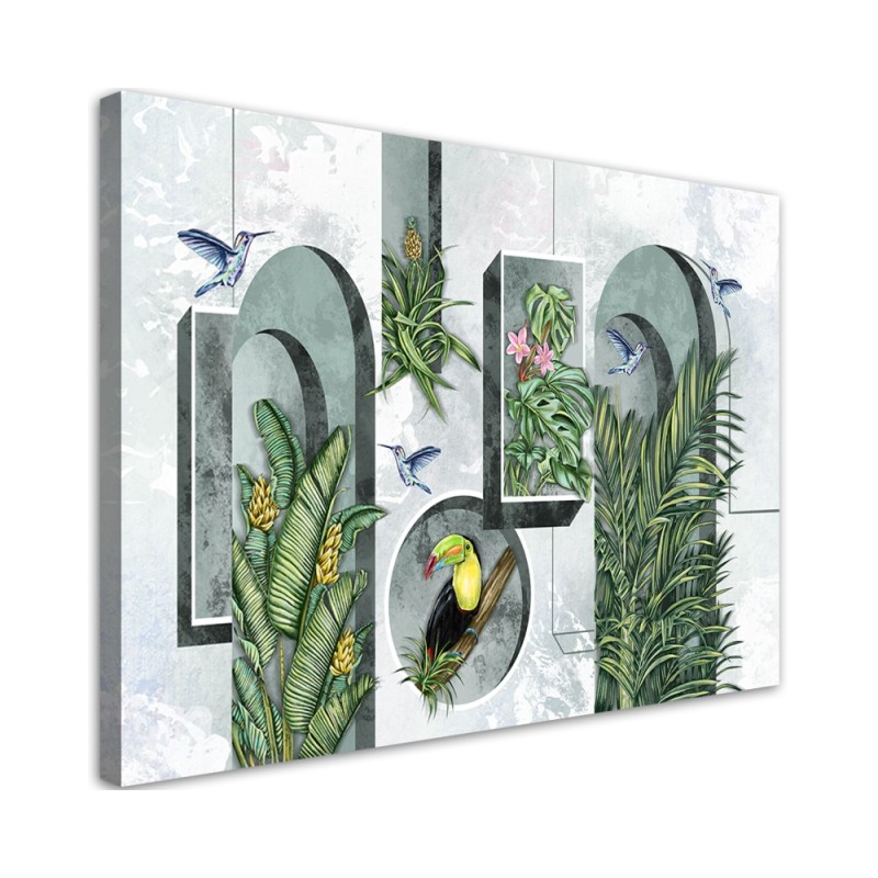 Shapes in the wall with plants and birds - Canvas art painting | FEEBY