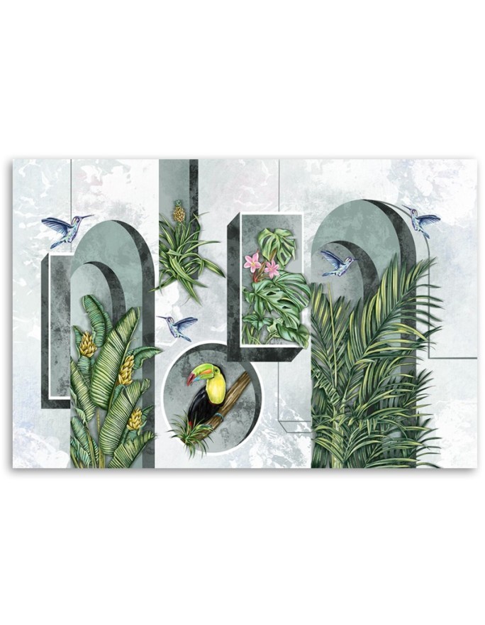 Shapes in the wall with plants and birds - Canvas art painting | FEEBY