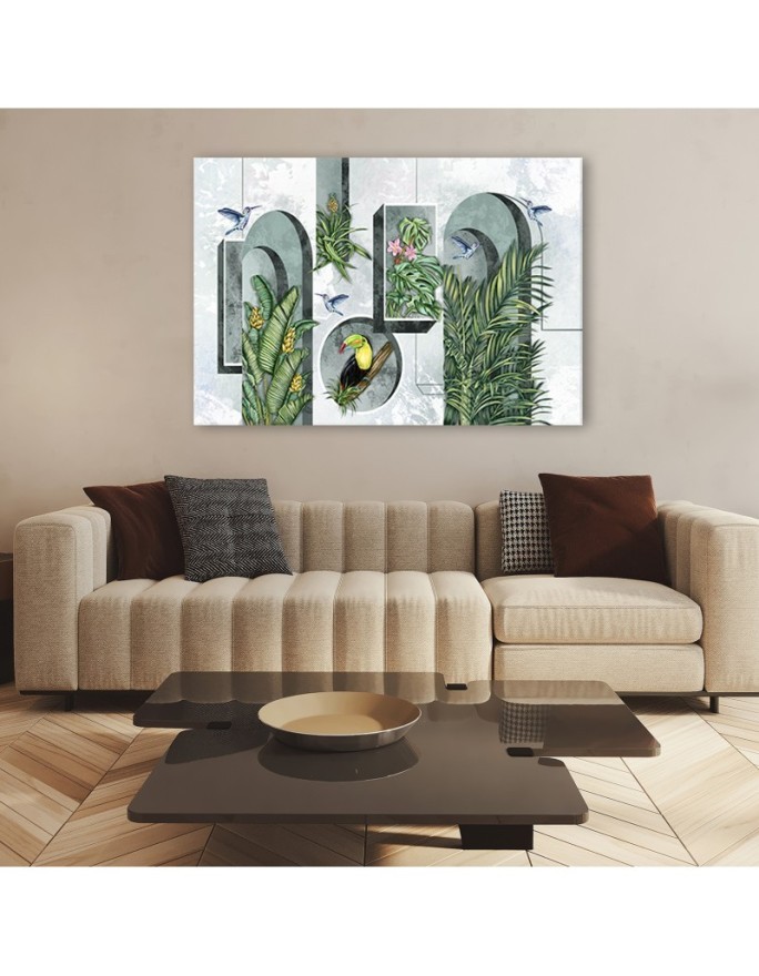 Shapes in the wall with plants and birds - Canvas art painting | FEEBY