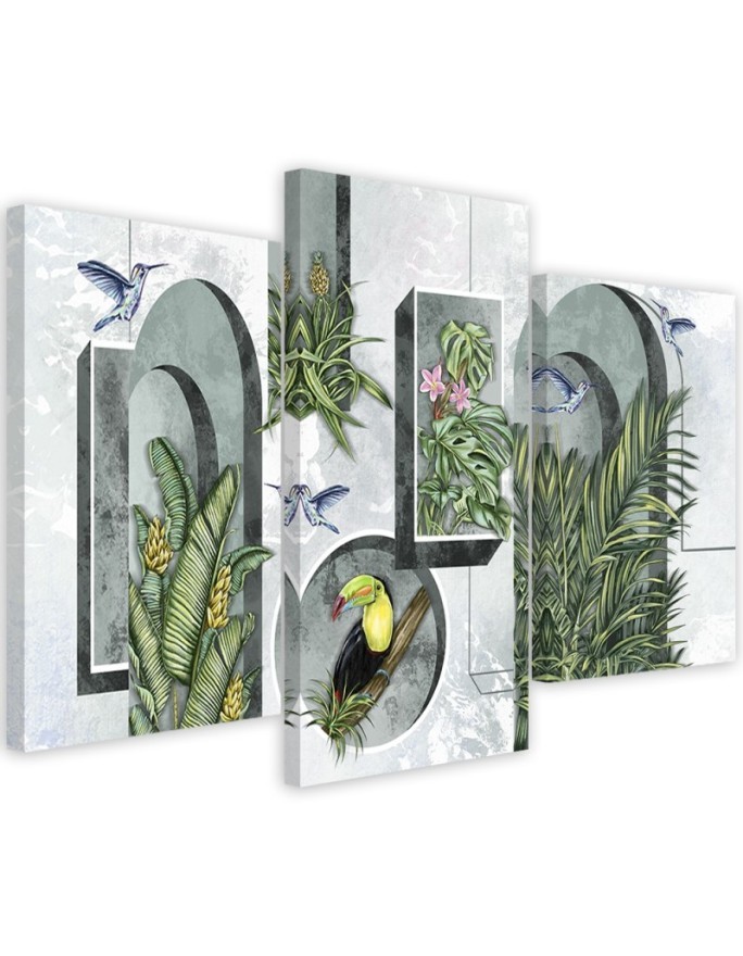 Canvas print for living room - Shapes in the wall with plants and birds toucan hummingbird | FEEBY