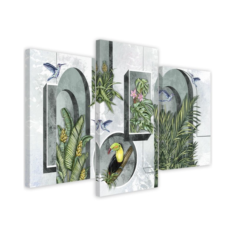 Canvas print for living room - Shapes in the wall with plants and birds toucan hummingbird | FEEBY