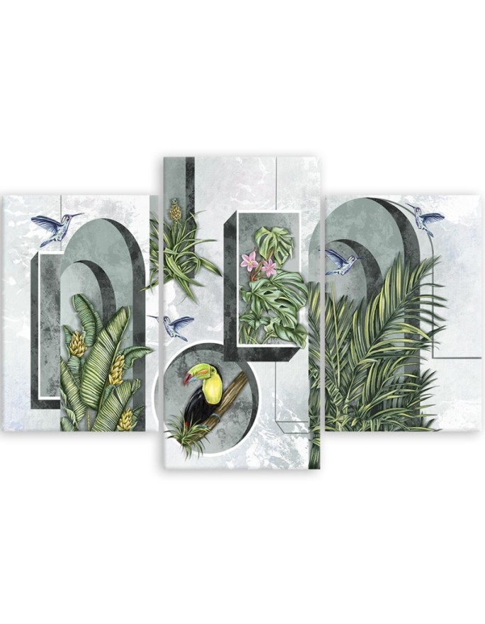 Canvas print for living room - Shapes in the wall with plants and birds toucan hummingbird | FEEBY