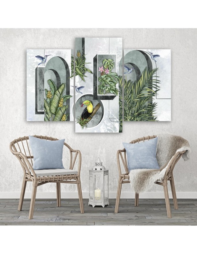Canvas print for living room - Shapes in the wall with plants and birds toucan hummingbird | FEEBY