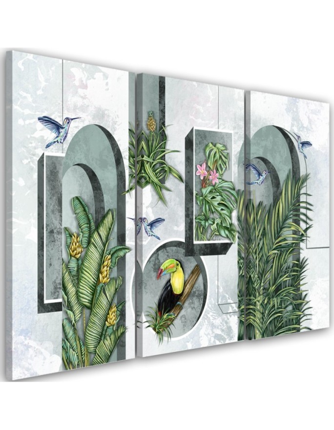 Canvas print for living room - Shapes in the wall with plants and birds toucan hummingbird | FEEBY