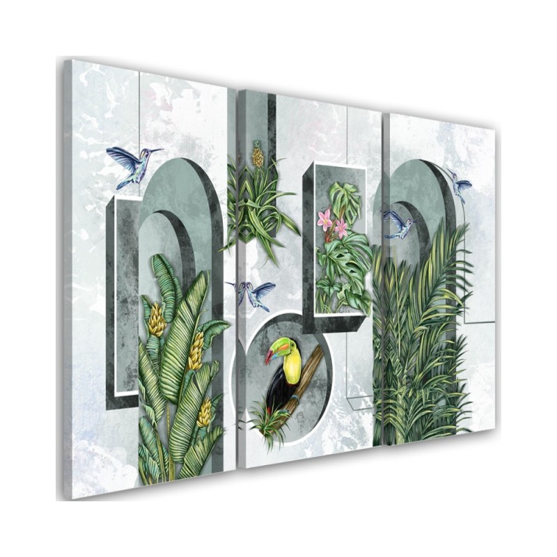 Canvas print for living room - Shapes in the wall with plants and birds toucan hummingbird | FEEBY