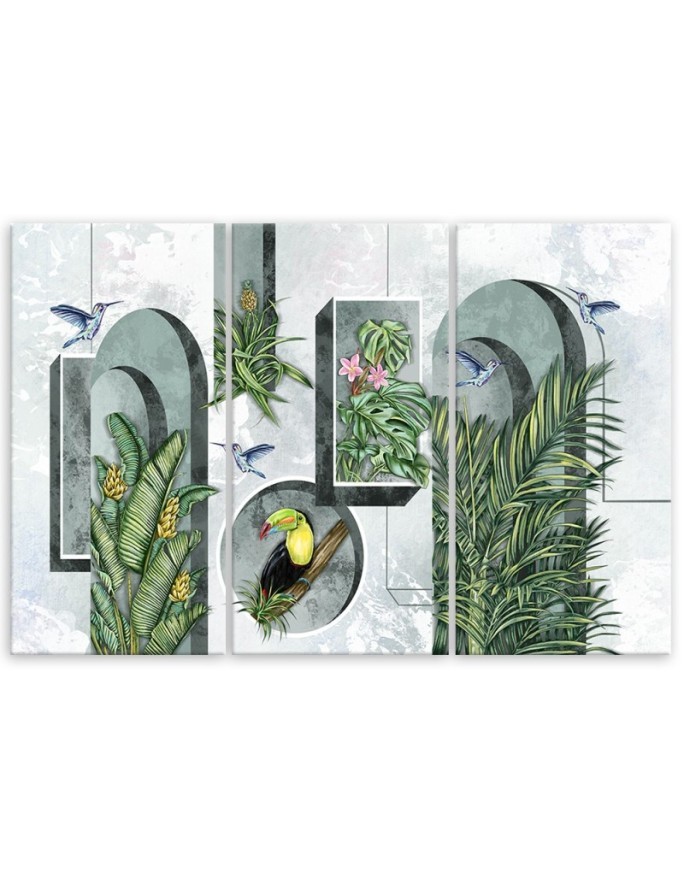 Canvas print for living room - Shapes in the wall with plants and birds toucan hummingbird | FEEBY