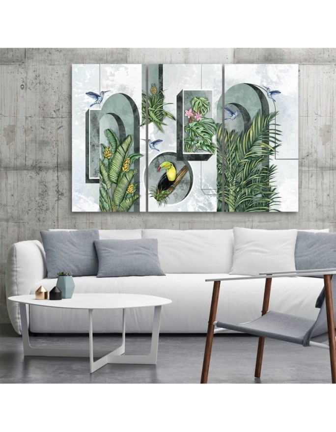 Canvas print for living room - Shapes in the wall with plants and birds toucan hummingbird | FEEBY