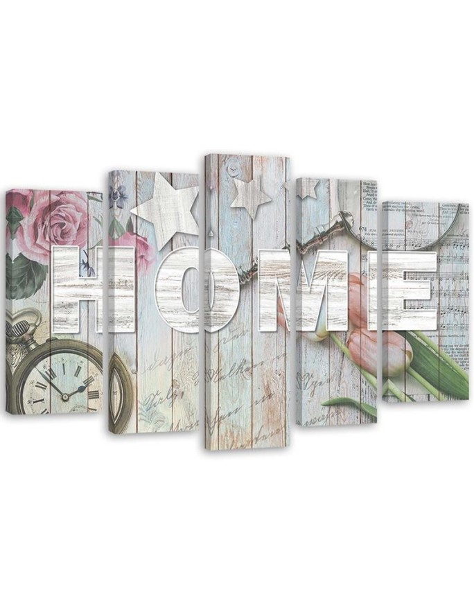 Canvas print Home inscription grey wood and flowers - Decorative Canvas print | FEEBY
