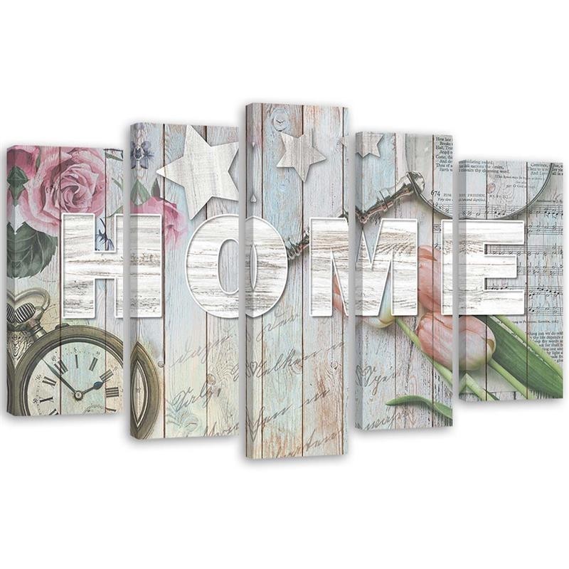 Canvas print Home inscription grey wood and flowers - Decorative Canvas print | FEEBY
