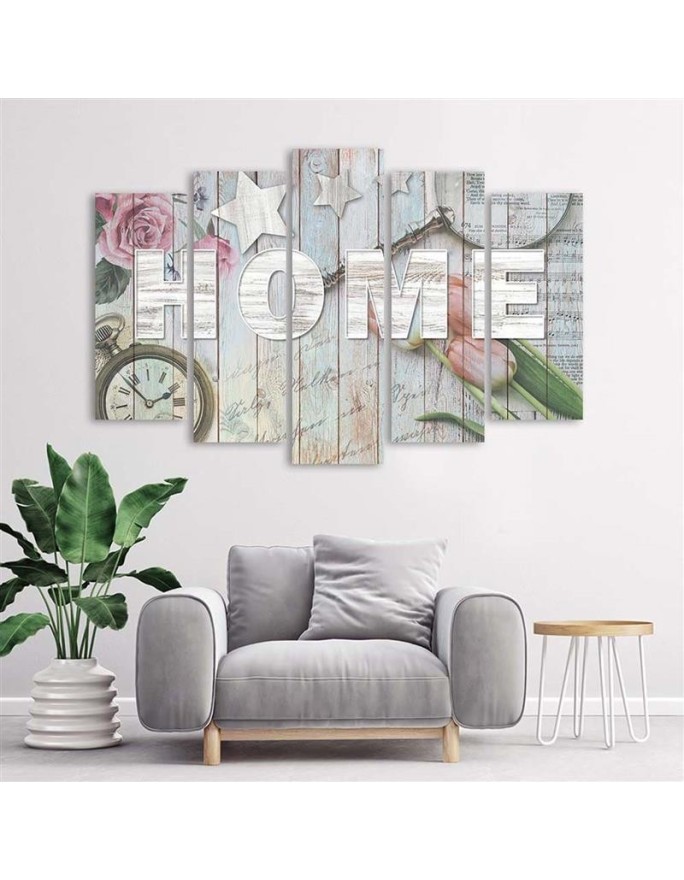 Canvas print Home inscription grey wood and flowers - Decorative Canvas print | FEEBY