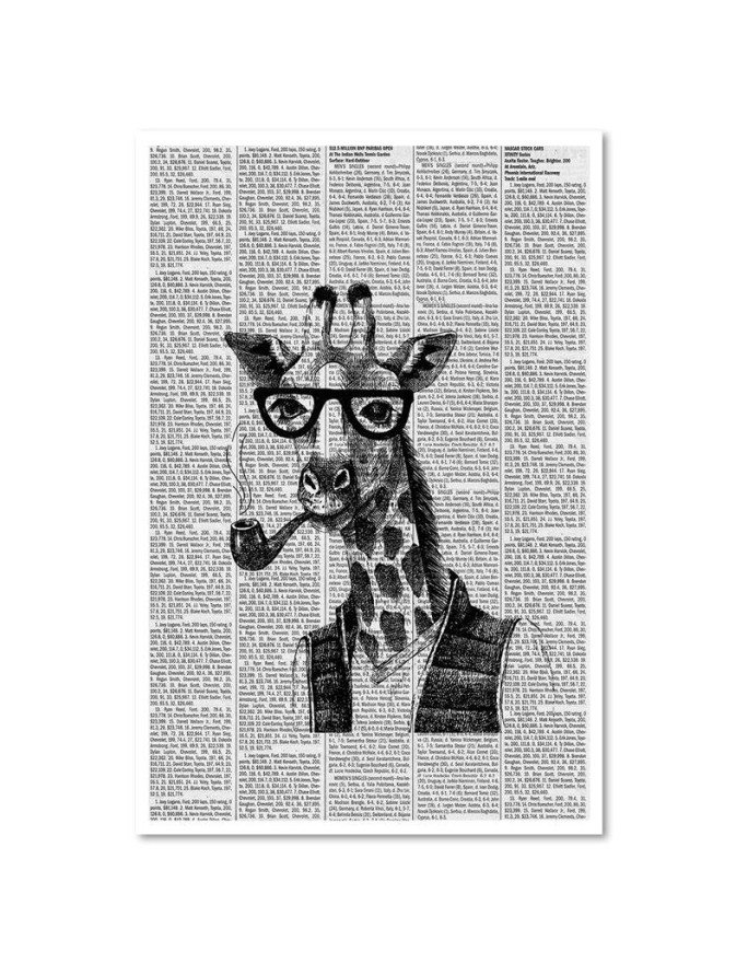 Wall art painting for living room Giraffe with pipe newspaper article | FEEBY