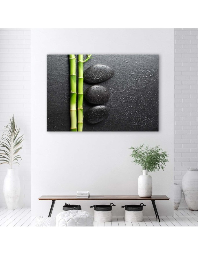 Wall art painting for living room Bamboo zen stones on black background | FEEBY