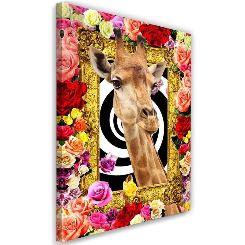 Modern wall art painting - Giraffe and colourful roses | FEEBY