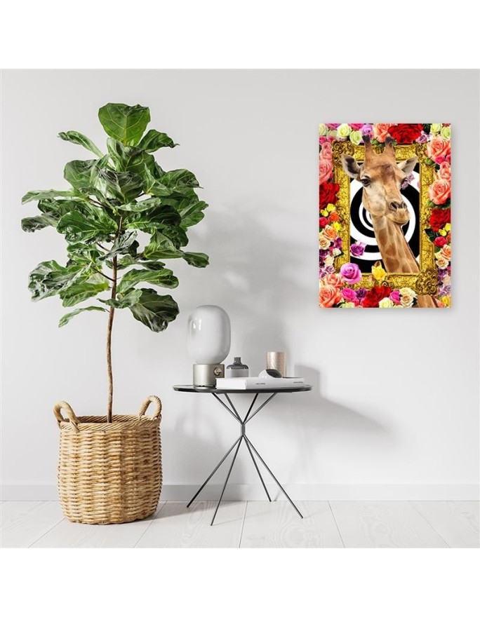 Modern wall art painting - Giraffe and colourful roses | FEEBY