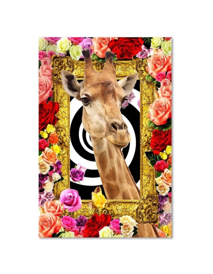 Modern wall art painting - Giraffe and colourful roses | FEEBY