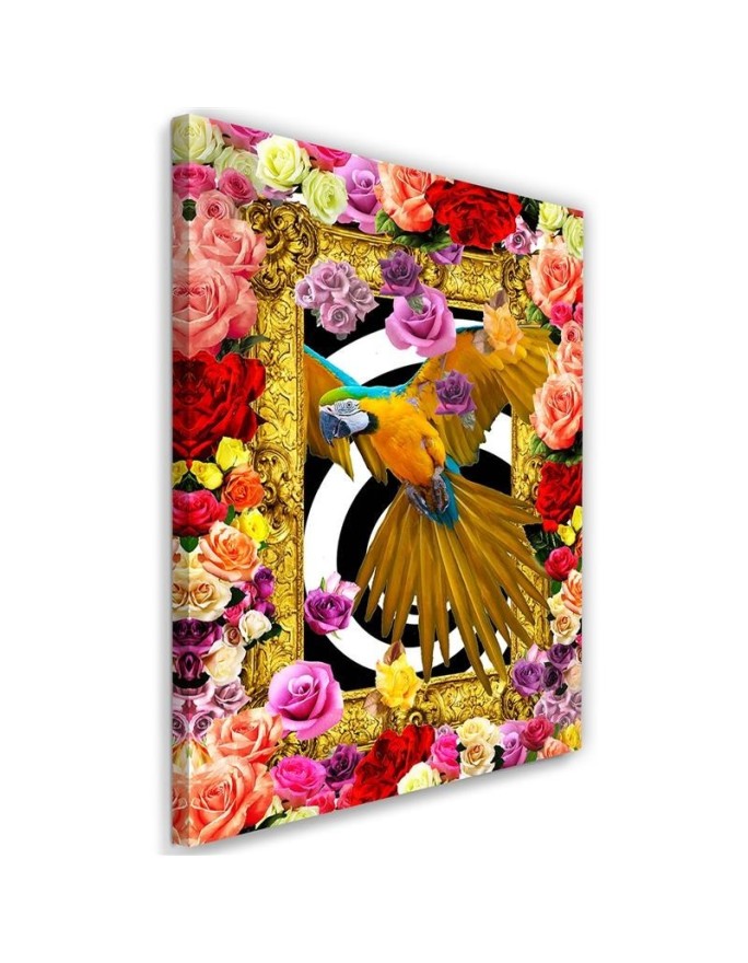 Bedroom wall art painting - Parrot and colourful roses | FEEBY