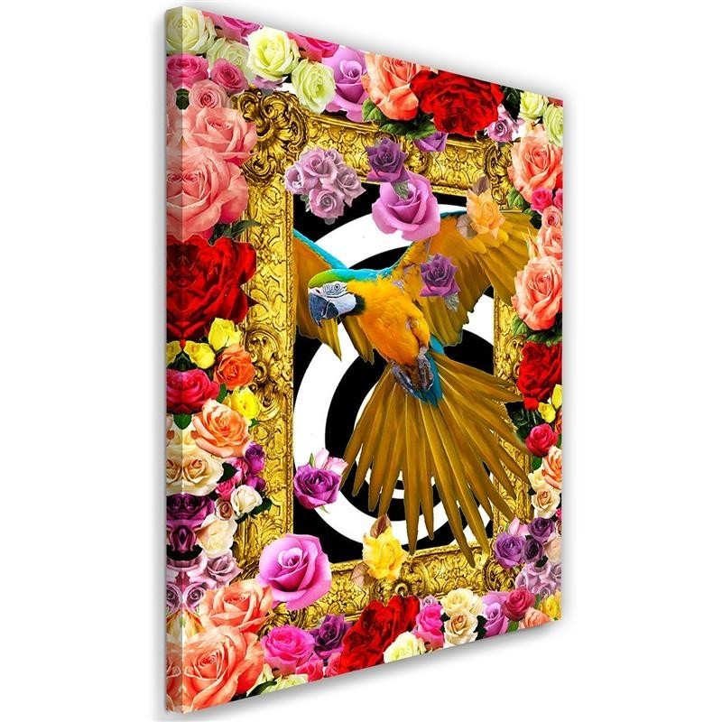 Bedroom wall art painting - Parrot and colourful roses | FEEBY