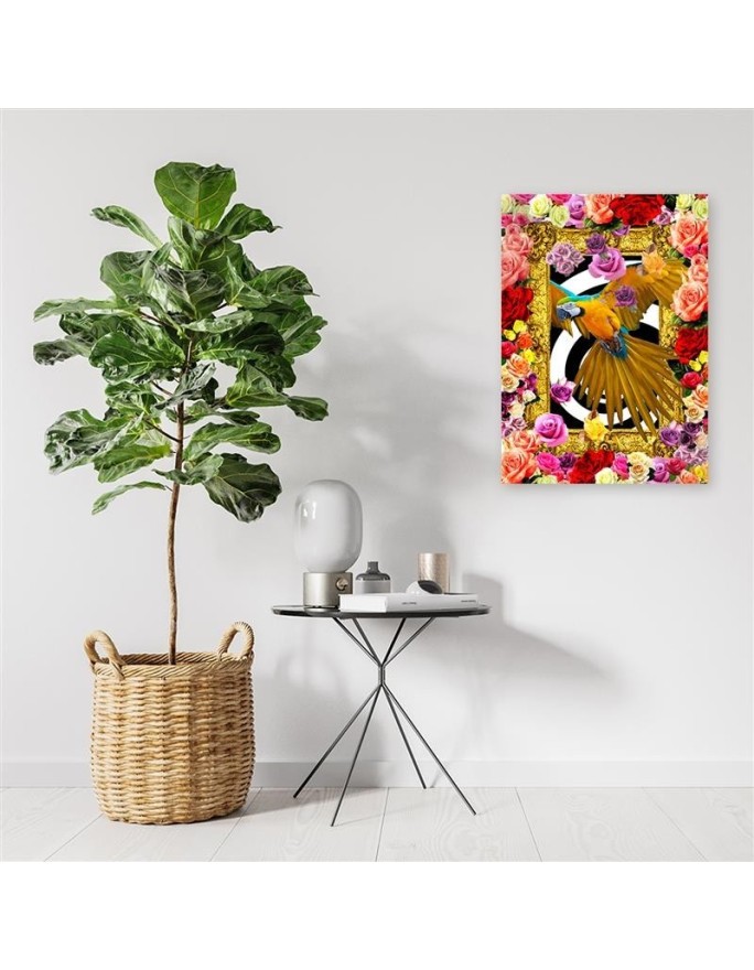 Bedroom wall art painting - Parrot and colourful roses | FEEBY