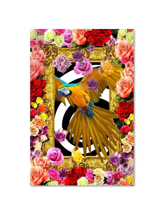 Bedroom wall art painting - Parrot and colourful roses | FEEBY