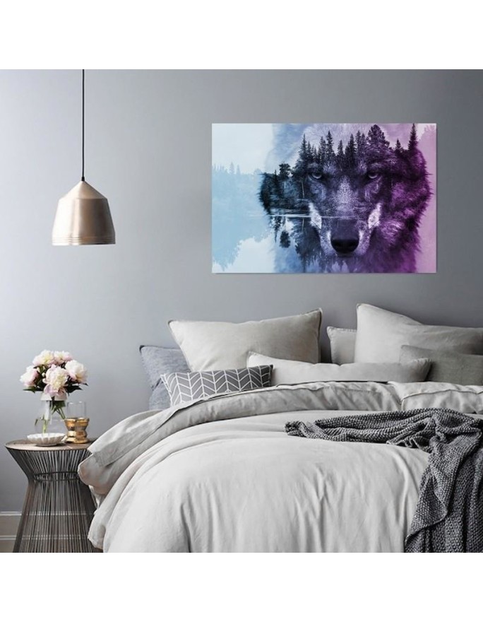 Canvas painting for bedroom - Wolf forest in purple fog | FEEBY
