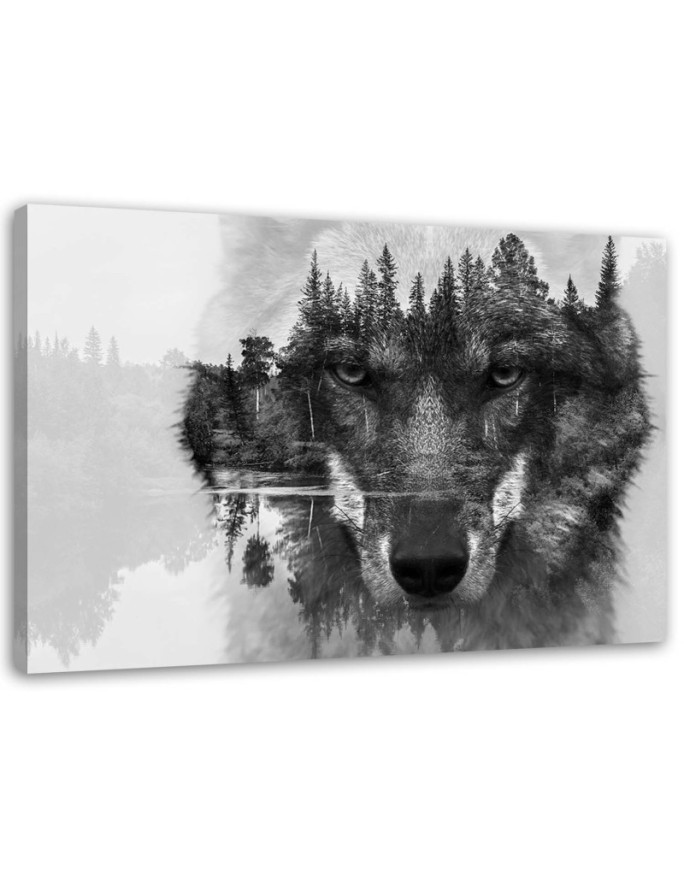 Canvas painting for living room wall art - Black wolf on the background of the forest | FEEBY