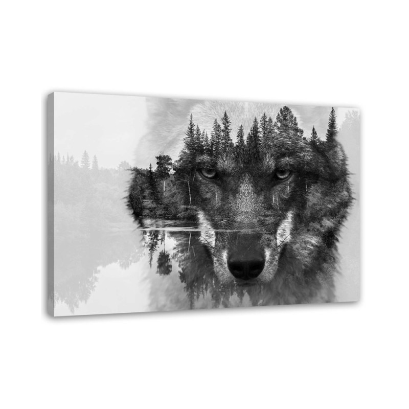Canvas painting for living room wall art - Black wolf on the background of the forest | FEEBY