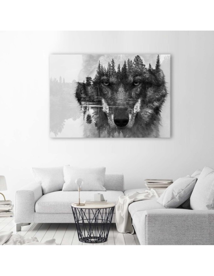 Canvas painting for living room wall art - Black wolf on the background of the forest | FEEBY