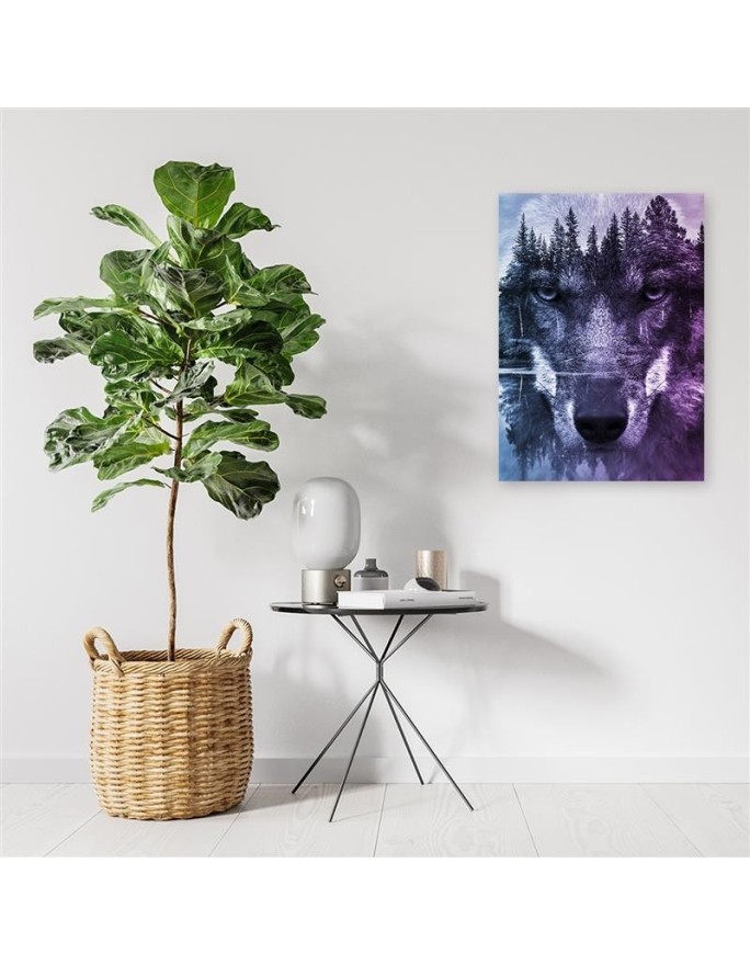 Abstract wolf on the background of a forest and lake - Modern Canvas painting | FEEBY