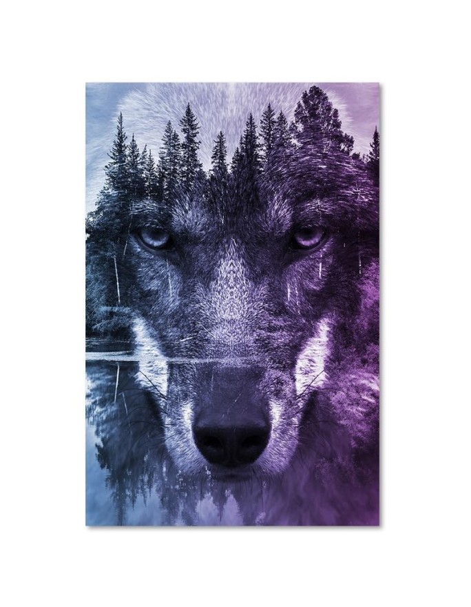 Abstract wolf on the background of a forest and lake - Modern Canvas painting | FEEBY