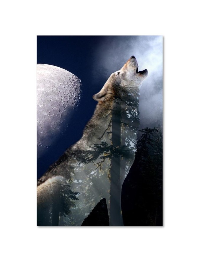 Wall decoration - Wolf against the moon - Canvas painting | FEEBY