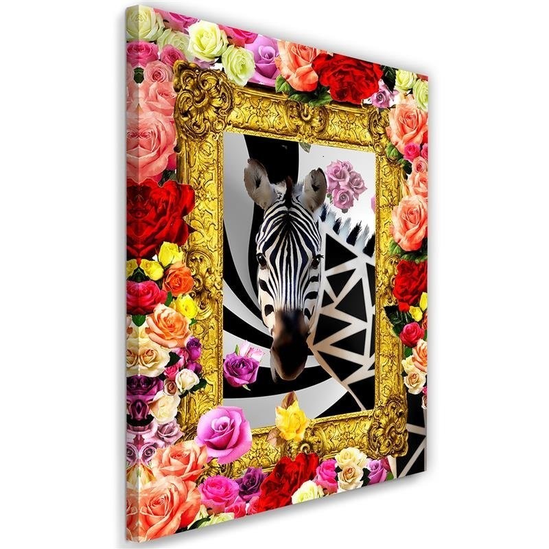 Zebra and colourful roses - Modern canvas painting | FEEBY