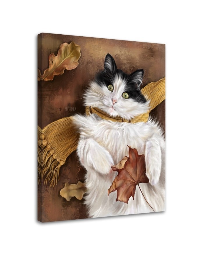 Nursery art prints canvas painting - Autumn cat in a scarf | FEEBY