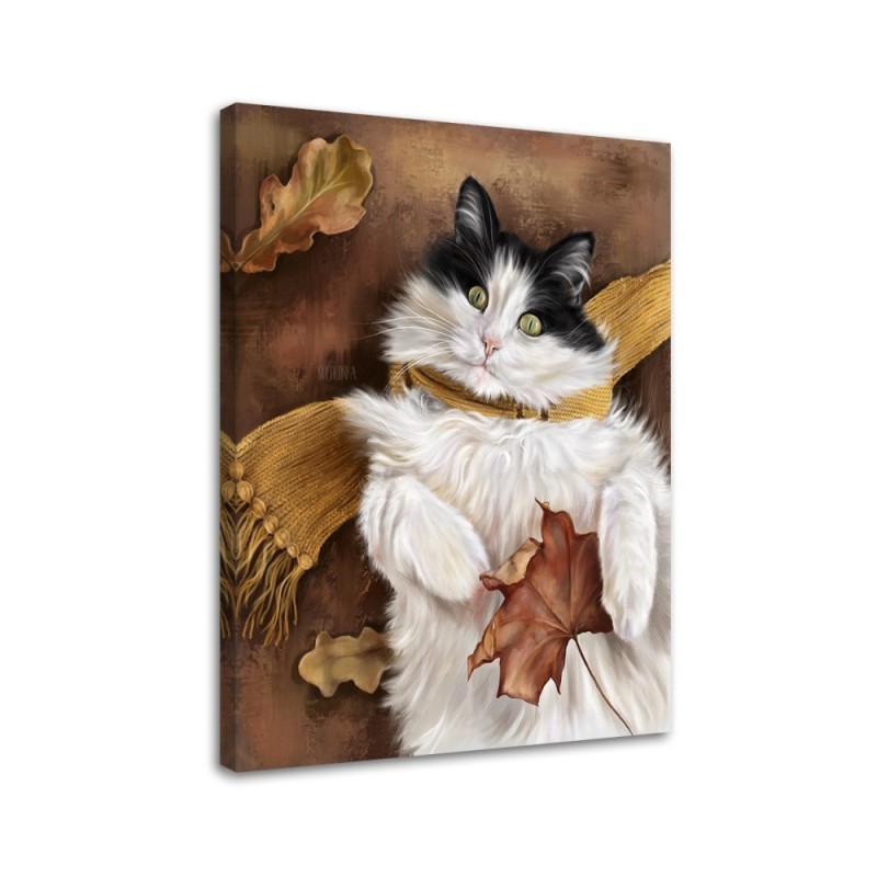 Nursery art prints canvas painting - Autumn cat in a scarf | FEEBY