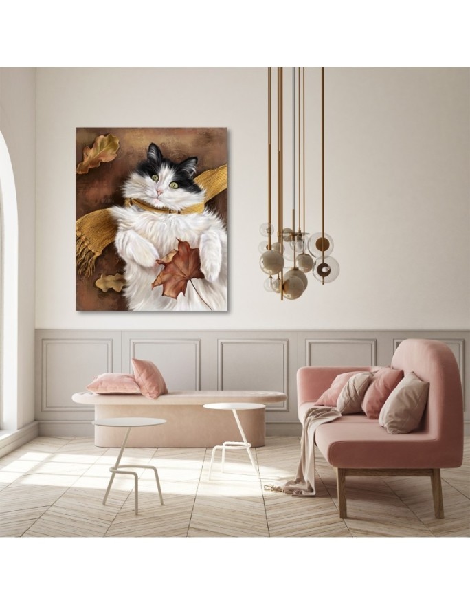 Nursery art prints canvas painting - Autumn cat in a scarf | FEEBY