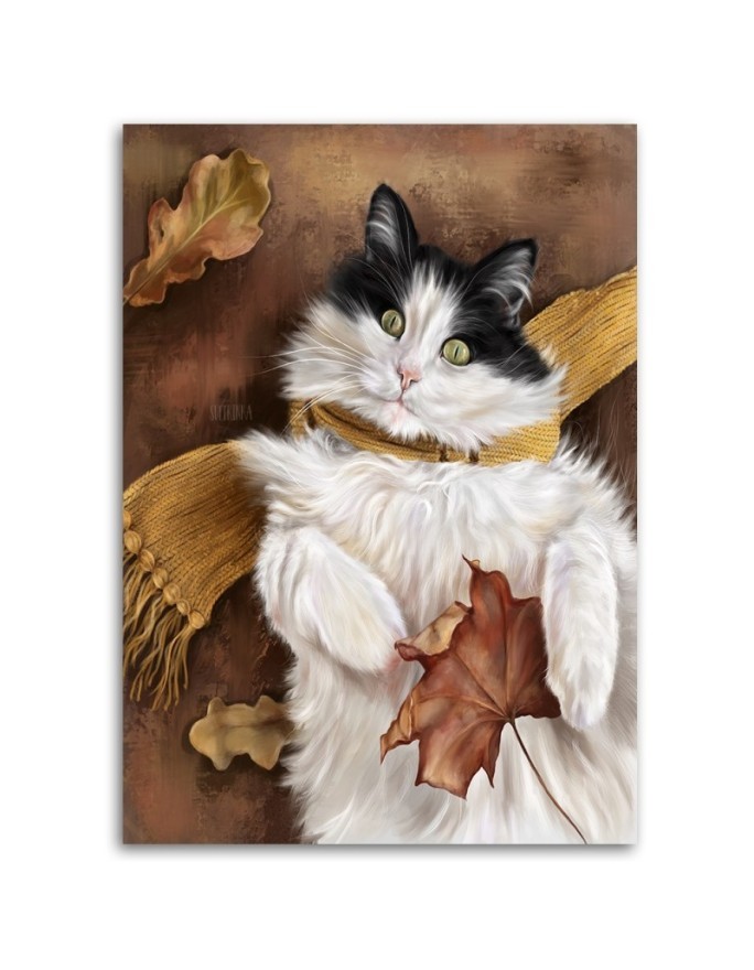 Nursery art prints canvas painting - Autumn cat in a scarf | FEEBY