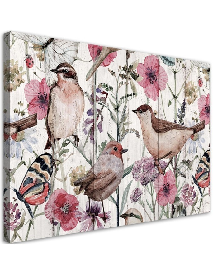 Birds and butterflies in a meadow - Modern Canvas painting for bedroom | FEEBY