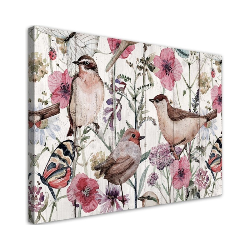 Birds and butterflies in a meadow - Modern Canvas painting for bedroom | FEEBY
