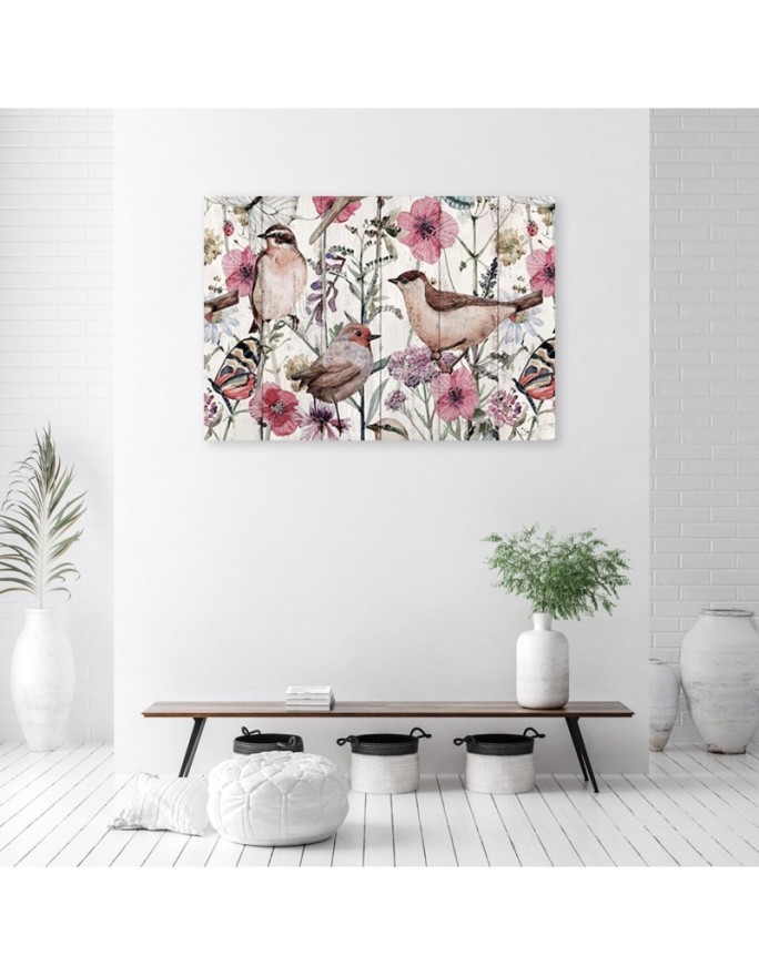 Birds and butterflies in a meadow - Modern Canvas painting for bedroom | FEEBY