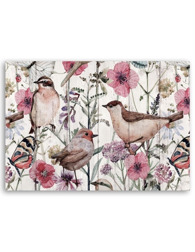 Birds and butterflies in a meadow - Modern Canvas painting for bedroom | FEEBY